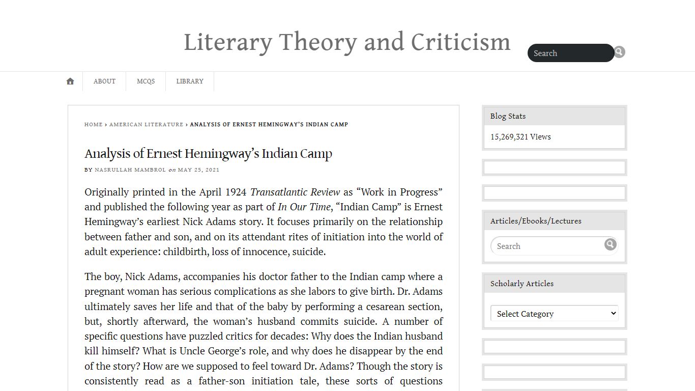 Analysis of Ernest Hemingway’s Indian Camp - Literary Theory and ...